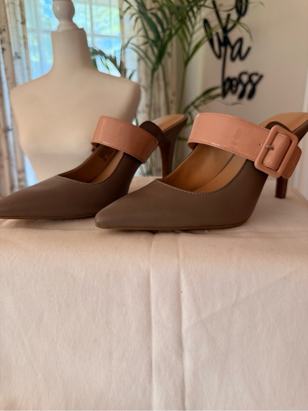 Alfani Step & Flex Pointed Toe Gray and Blush Strap Mule Heels